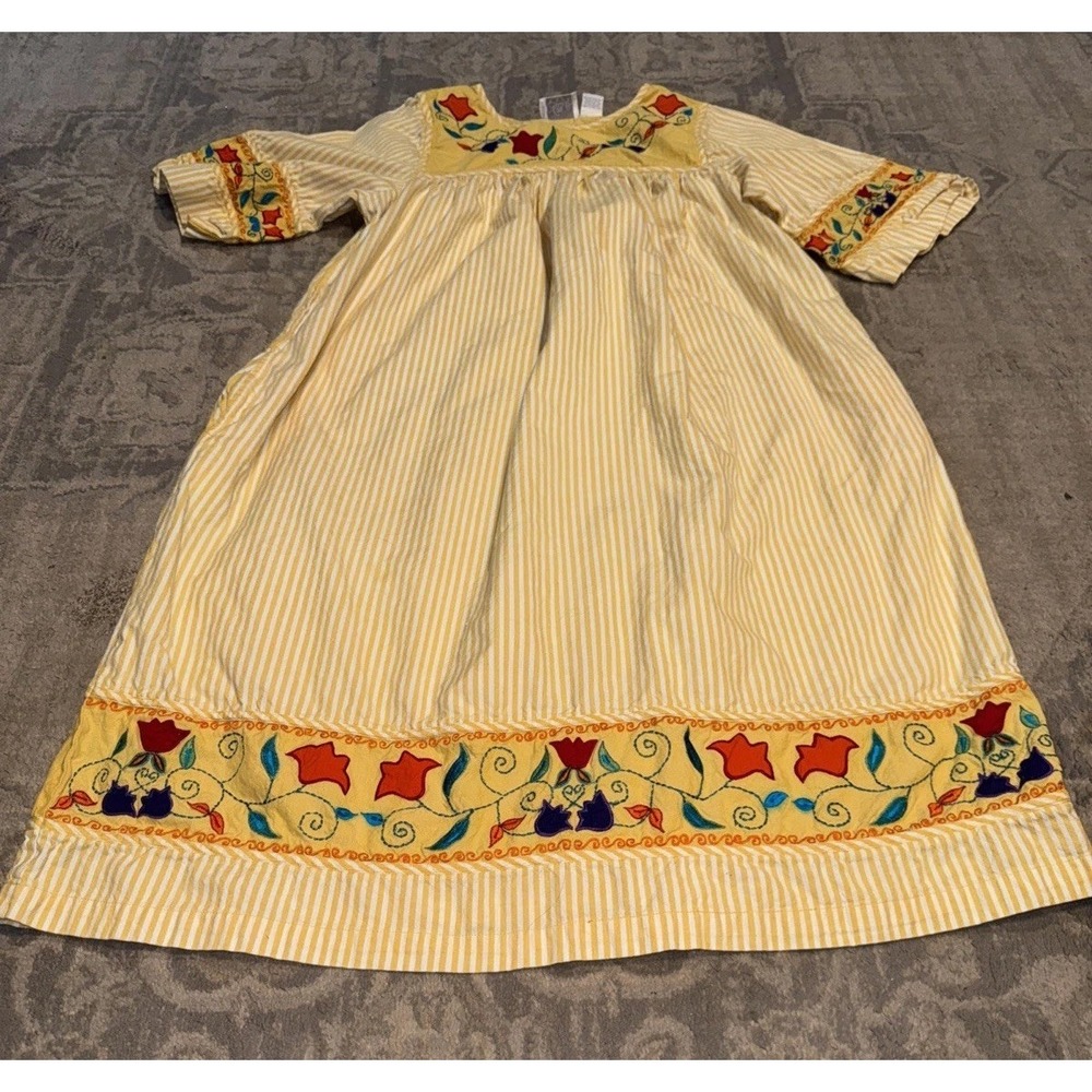 GO SOFTLY PATIO DRESS Sz Medium Yellow Stripe Women's embroidered floral